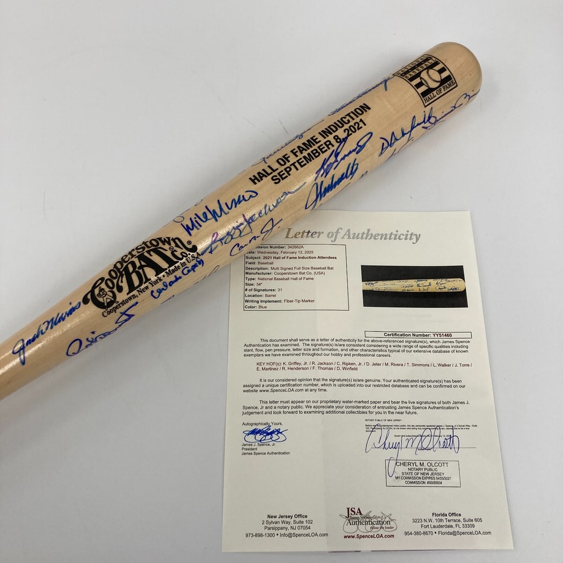 2021 Hall of Fame Multi Signed Baseball Bat 34 Jeter 33 Sigs JSA: 2021 Hall of Fame Multi Signed Baseball Bat 34 Jeter 33 Sigs JSA This remarkable 2021 Hall of Fame Induction baseball bat features an impressive collection of 31 signatures from legendary players, inc