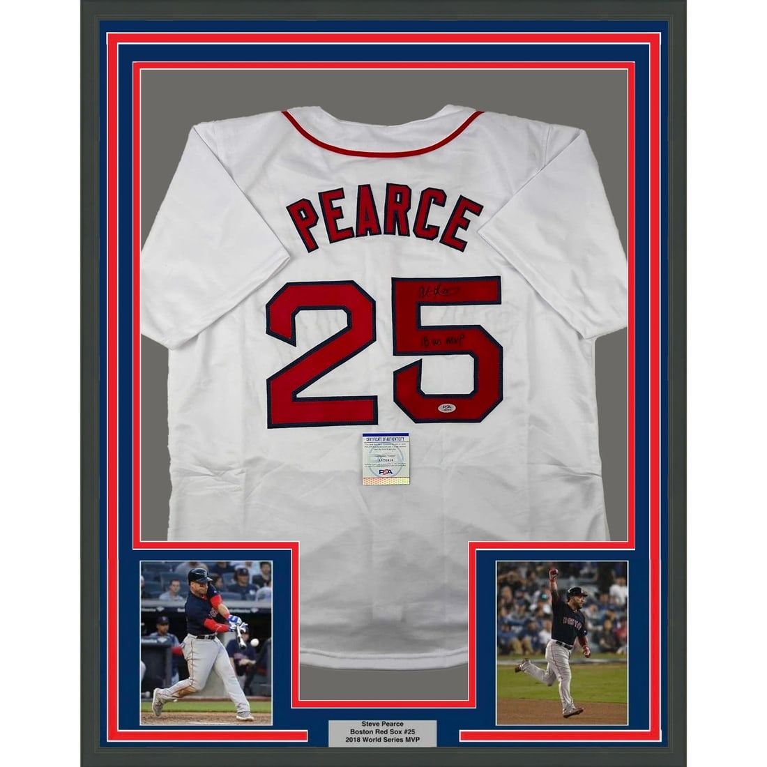 Framed Steve Pearce Autographed 2018 WS MVP Jersey JSA Authentication: Framed Steve Pearce Autographed 2018 WS MVP Jersey JSA Authentication Celebrate the legacy of Steve Pearce with this professionally framed and autographed 2018 World Series MVP jersey. This striking p