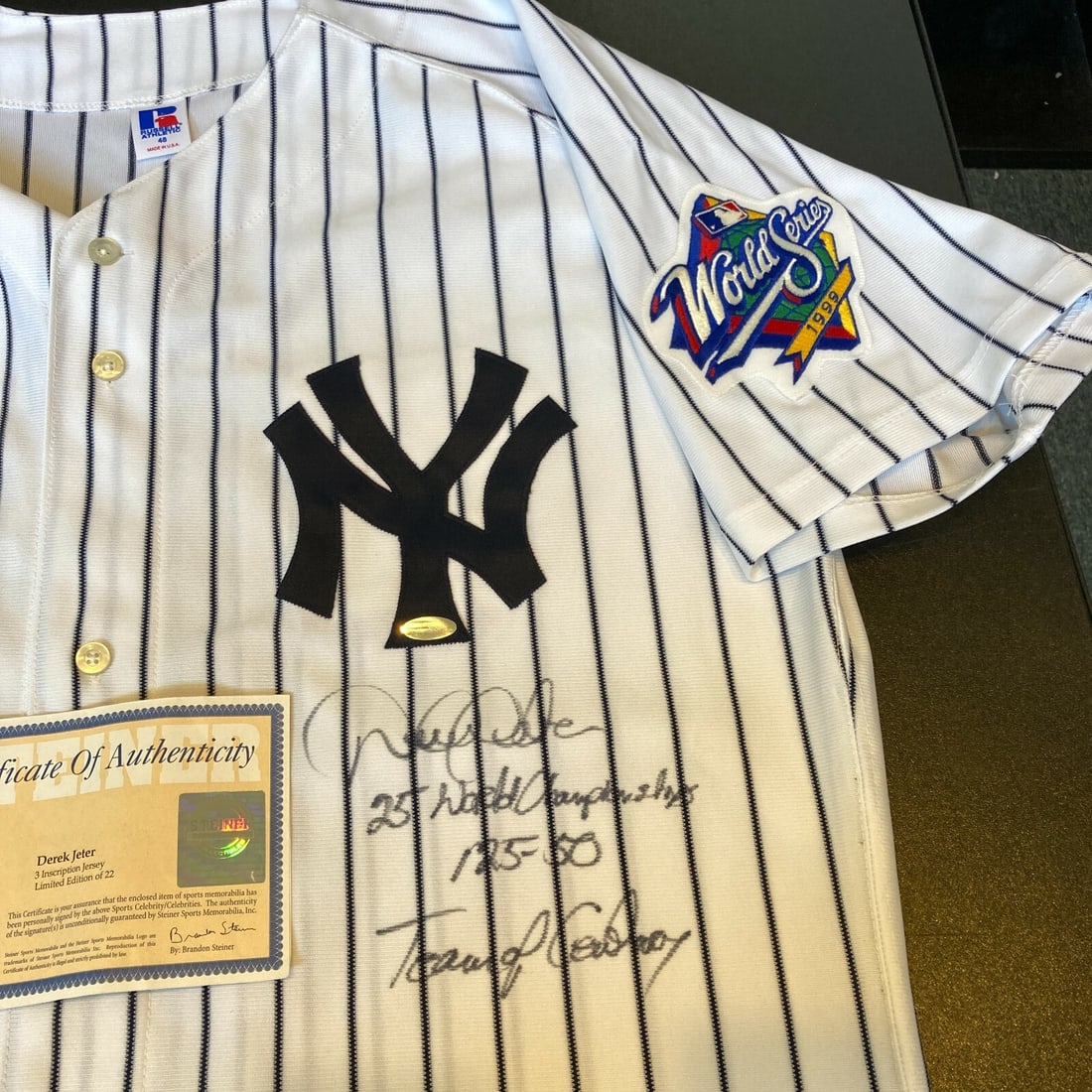 Derek Jeter Signed Yankees World Series Jersey Limited Edition Steiner COA: Derek Jeter Signed Yankees World Series Jersey Limited Edition Steiner COA Celebrate the legacy of baseball legend Derek Jeter with this authentic New York Yankees World Series jersey, signed and heav