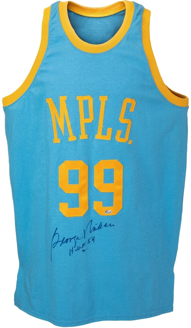 George Mikan Signed 1959 Lakers Jersey PSA Authenticated: George Mikan Signed 1959 Lakers Jersey PSA Authenticated Celebrate the legacy of basketball legend George Mikan with this Hall of Fame 1959 signed Minneapolis Lakers jersey. This original jersey showc