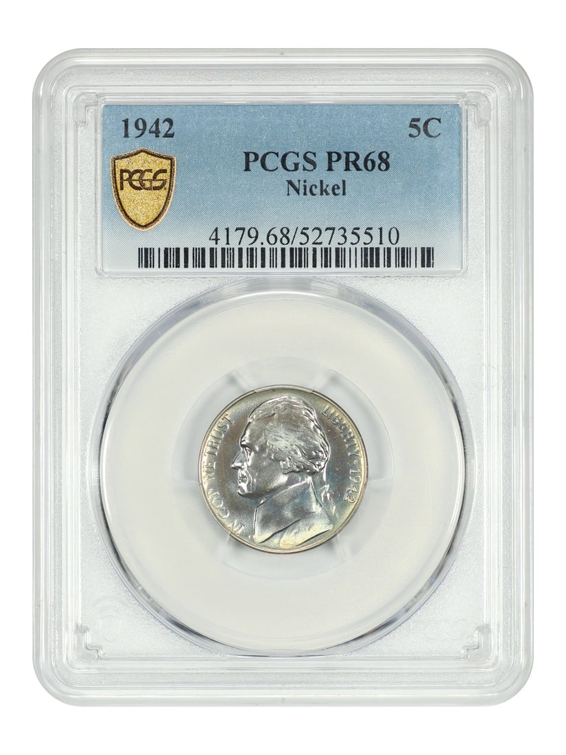 PCGS PR68 1942 Jefferson Nickel Proof Type 1: PCGS PR68 1942 Jefferson Nickel Proof Type 1 This 1942 Jefferson Nickel is a premium proof example graded PR68 by PCGS. Struck at the Philadelphia Mint, it is an uncirculated coin with a denomination