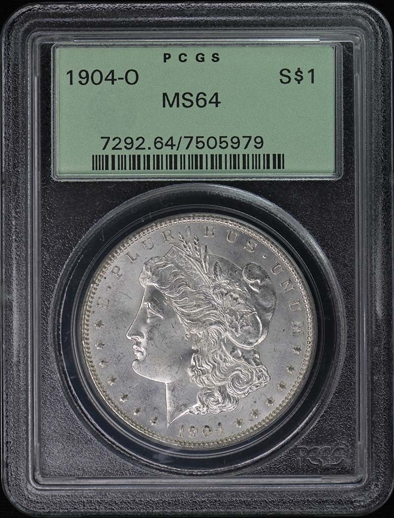 1904-O Morgan Dollar PCGS MS64 Uncirculated New Orleans: 1904-O Morgan Dollar PCGS MS64 Uncirculated New Orleans This 1904-O Morgan Dollar is a stunning piece certified by PCGS with a grade of MS64, indicating its uncirculated condition. Minted in New Orlea