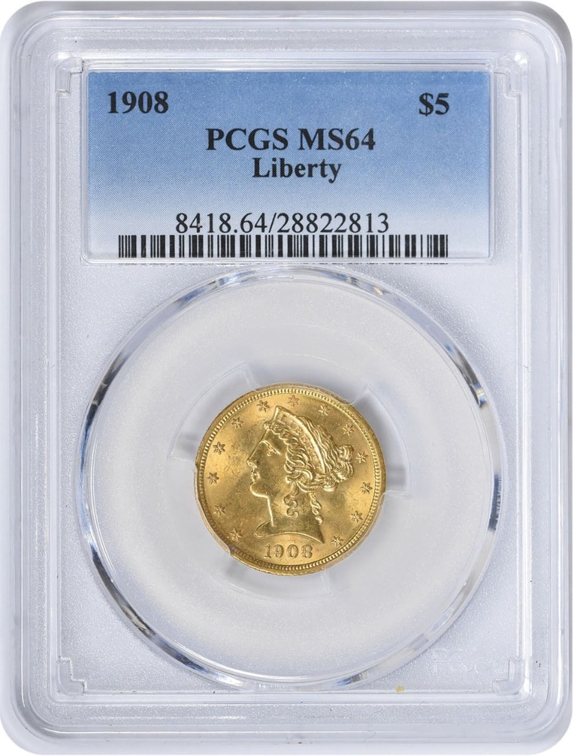 1908 $5 Gold Liberty Head MS64 PCGS Uncirculated Coin (1 of 4)