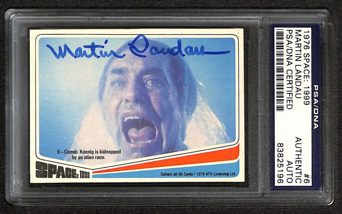 1976 Donruss Space: 1999 Card #6 Signed by Martin Landau PSA/DNA: 1976 Donruss Space: 1999 Card #6 Signed by Martin Landau PSA/DNA This rare 1976 Donruss Space: 1999 trading card (#6) features a bold blue signature from the legendary actor Martin Landau, known for h