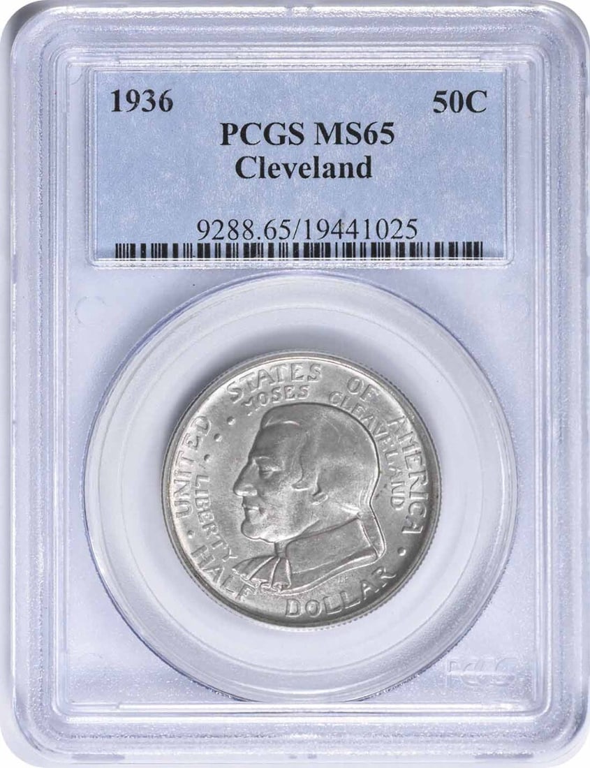 1936 Cleveland Commemorative Silver Half Dollar MS65 PCGS Certified 90% Silver: 1936 Cleveland Commemorative Silver Half Dollar MS65 PCGS Certified 90% Silver This 1936 Cleveland Commemorative Silver Half Dollar is a remarkable piece certified by PCGS with a grade of MS65, indica