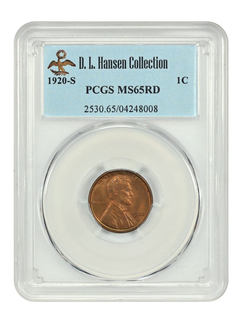 PCGS MS65RD 1920-S Lincoln Wheat Cent ex D L Hansen Pedigree: PCGS MS65RD 1920-S Lincoln Wheat Cent ex D L Hansen Pedigree This is a 1920-S Lincoln Cent (Wheat Reverse) graded MS65RD by PCGS, formerly part of the D.L. Hansen collection. The coin is uncirculated