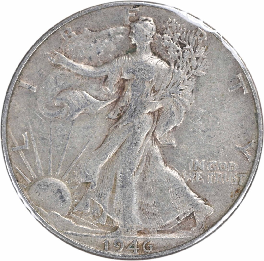 1946 Walking Liberty Half Dollar Burnished 50C Uncertified: 1946 Walking Liberty Half Dollar Burnished 50C Uncertified This 1946 Walking Liberty Half Dollar is a striking piece of numismatic history, featuring a burnished strike and composed of 90% silver and