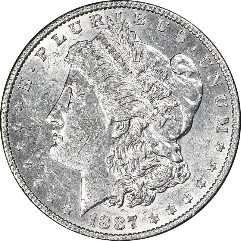 1887 Morgan Silver Dollar Uncirculated BU Superb Eye Appeal: 1887 Morgan Silver Dollar Uncirculated BU Superb Eye Appeal This 1887/6-P Morgan Silver Dollar showcases superb eye appeal, featuring fantastic luster and a nice strike. The coin is bright white and c