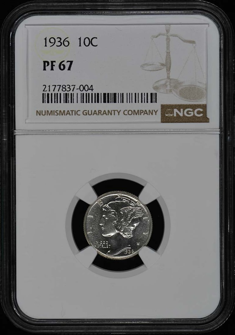 1936 Mercury Dime NGC PR67 Uncirculated Proof Coin: 1936 Mercury Dime NGC PR67 Uncirculated Proof Coin This 1936 Mercury Dime is certified by NGC with a grade of PR67, indicating an uncirculated proof coin in excellent condition. Minted in Philadelphia
