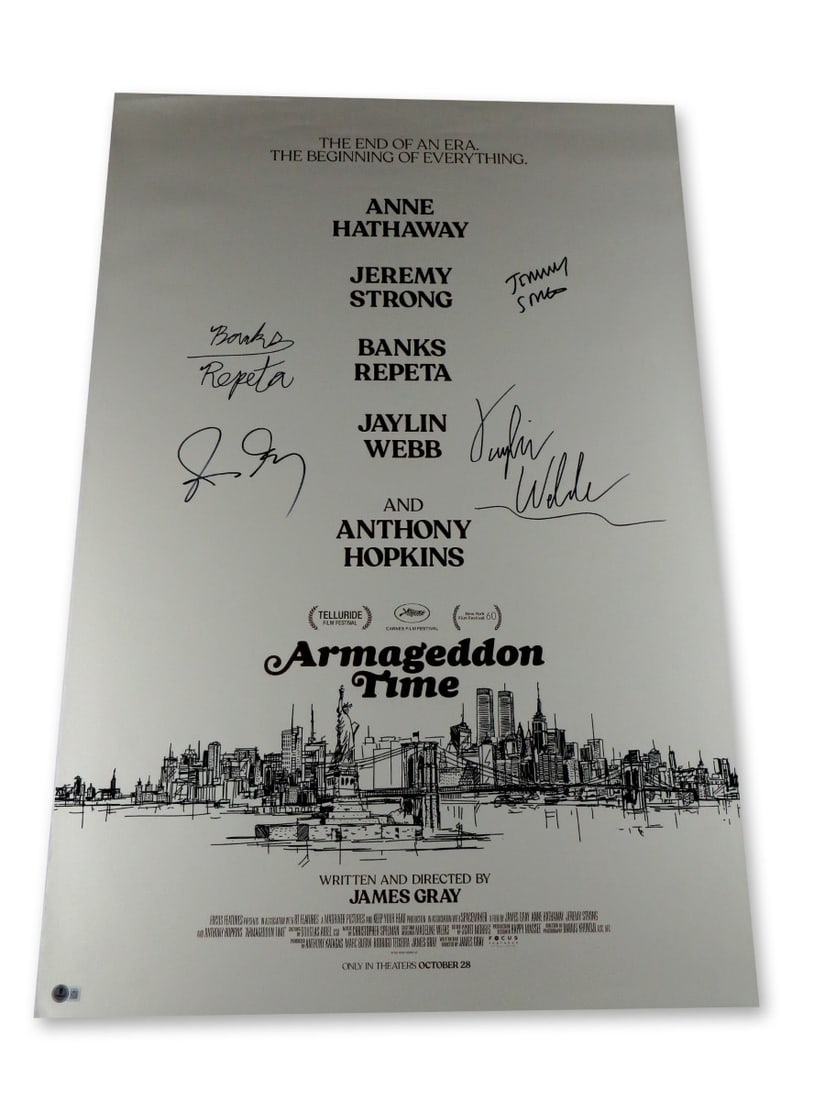 Armageddon Time Signed Poster 27X40 Jeremy Strong Banks Repeta Jaylin Webb Beckett Authenticated: Armageddon Time Signed Poster 27X40 Jeremy Strong Banks Repeta Jaylin Webb Beckett Authenticated This Armageddon Time poster features the autographs of cast members Jeremy Strong, Banks Repeta, Jaylin