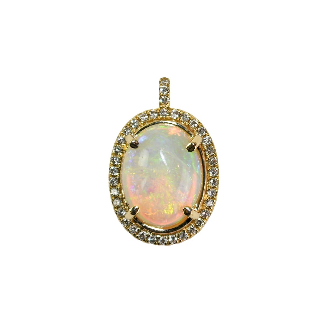 14K Yellow Gold Australian Opal Diamond Pendant 5.20ct Custom Design: 14K Yellow Gold Australian Opal Diamond Pendant 5.20ct Custom Design Discover the elegance of this custom-made Australian Opal and Diamond Pendant, beautifully crafted in a 14K yellow gold setting. Th