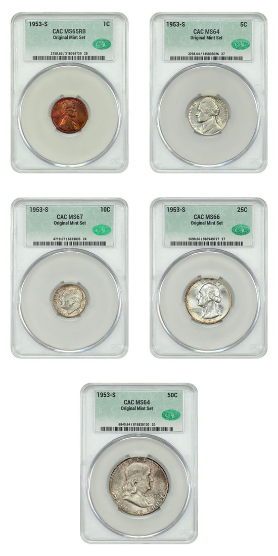 1953-S Mint Set 5 Coins CACG MS64-67 Uncirculated Philadelphia: 1953-S Mint Set 5 Coins CACG MS64-67 Uncirculated Philadelphia This lot features five uncirculated coins from the 1953-S Mint Set, certified by CACG with certification number 218098729. The coins incl