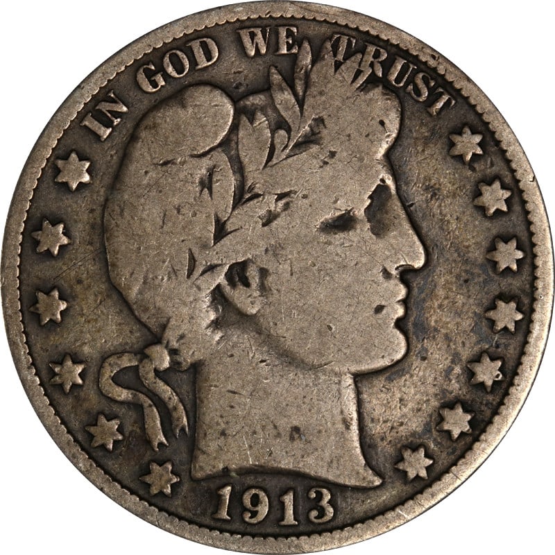 1913-P Barber Half Dollar 90% Silver Circulated Coin (1 of 2)
