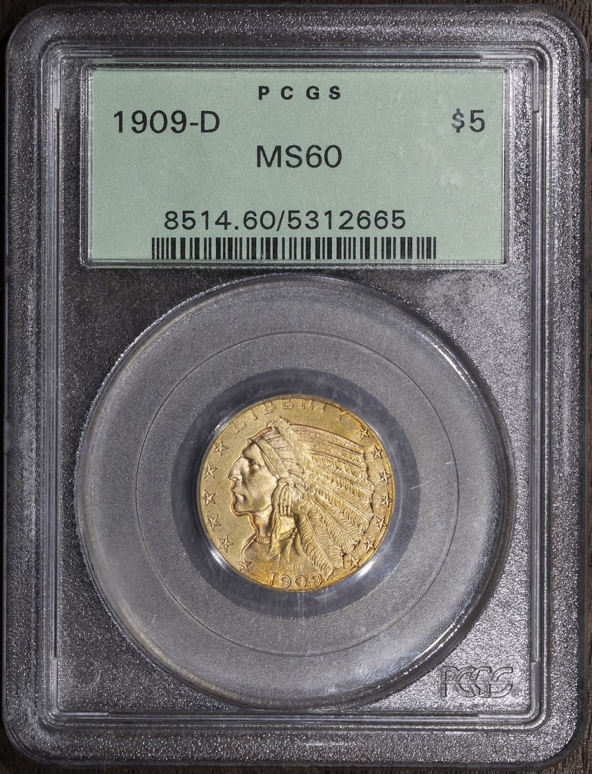 1909-D Indian Head Half Eagle $5 Gold PCGS MS60 OGH (1 of 2)