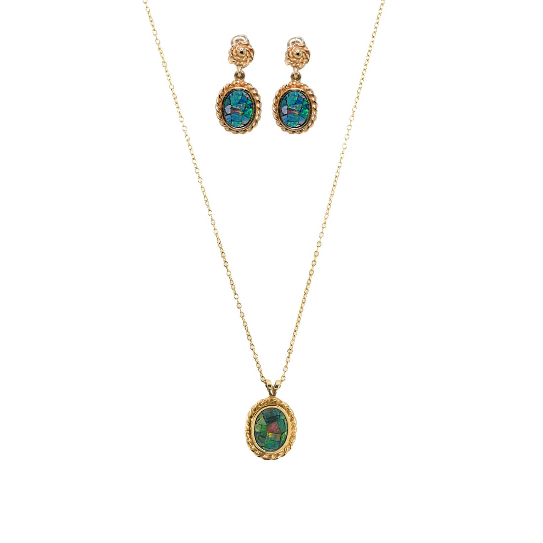14K Yellow Gold Australian Opal Necklace and Earring Set: 14K Yellow Gold Australian Opal Necklace and Earring Set Elevate your jewelry collection with this stunning 14K Yellow Gold Australian Opal Necklace and Earrings Set, a perfect blend of elegance and c
