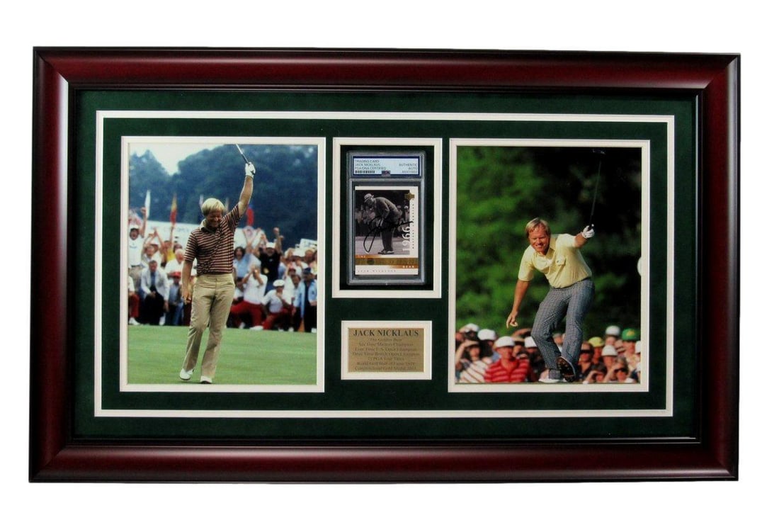 Jack Nicklaus Signed Trading Card with Photo Collage Framed PSA/DNA 28x17: Jack Nicklaus Signed Trading Card with Photo Collage Framed PSA/DNA 28x17 This impressive framed display features a Jack Nicklaus signed trading card accompanied by two 8x10 photographs, all beautiful