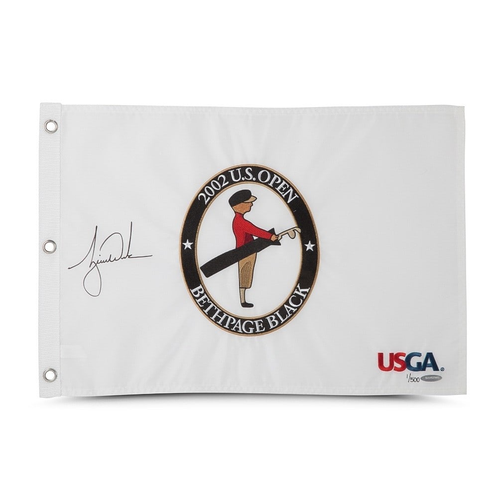 Tiger Woods Autographed 2002 U.S. Open Flag Limited Edition /500: Tiger Woods Autographed 2002 U.S. Open Flag Limited Edition /500 Celebrate the legacy of golf with this Tiger Woods signed 2002 U.S. Open pin flag from Bethpage Black. This limited edition item is one