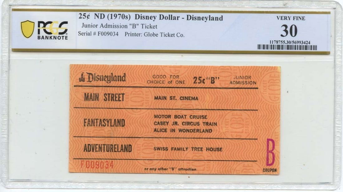 1970s Disney 25c Ticket Junior Admission PCGS VF30 (1 of 2)