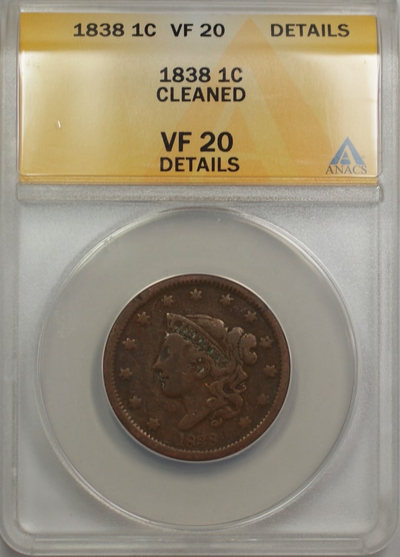1838 Large Cent 1C Coin ANACS VF 20 Circulated Copper (1 of 2)