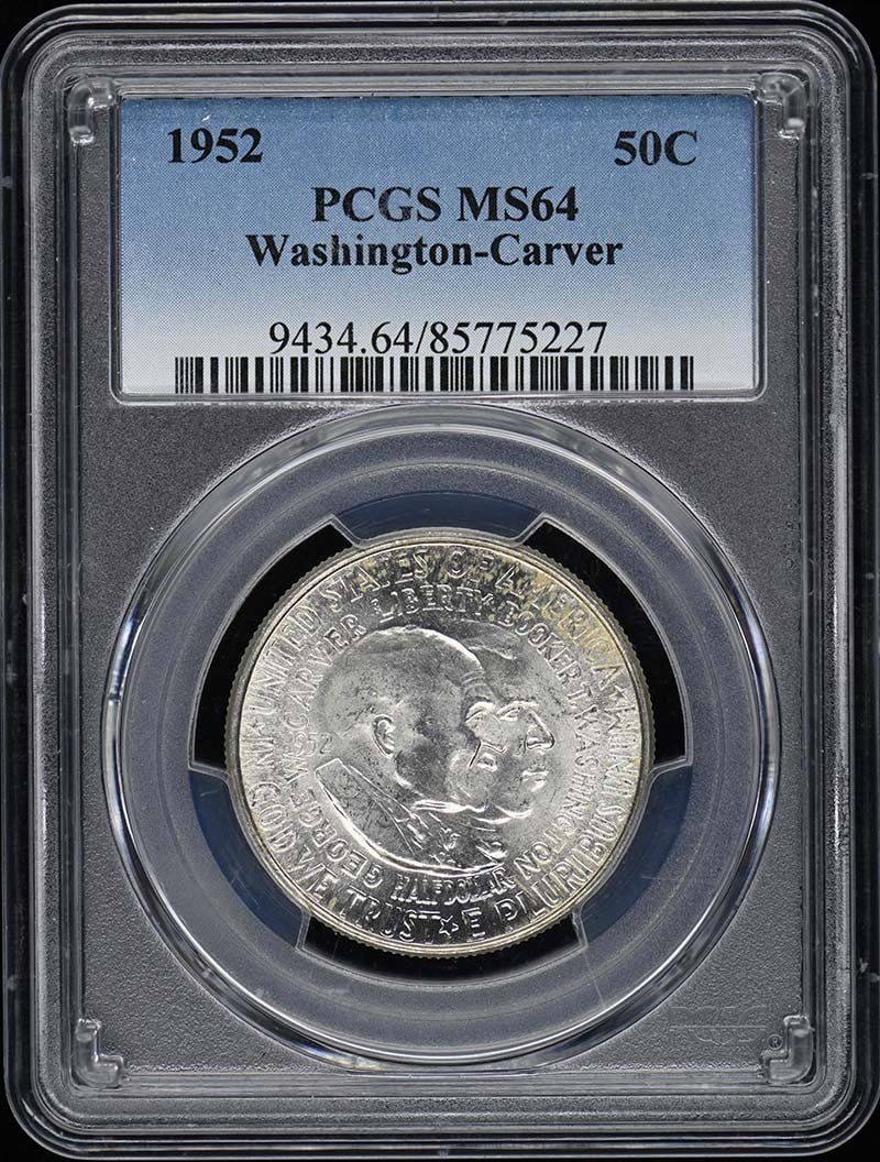 1952 Washington Carver 50C Silver Commemorative PCGS MS64: 1952 Washington Carver 50C Silver Commemorative PCGS MS64 This 1952 Washington Carver 50 Cent Silver Commemorative coin is a remarkable piece of numismatic history, featuring an uncirculated condition