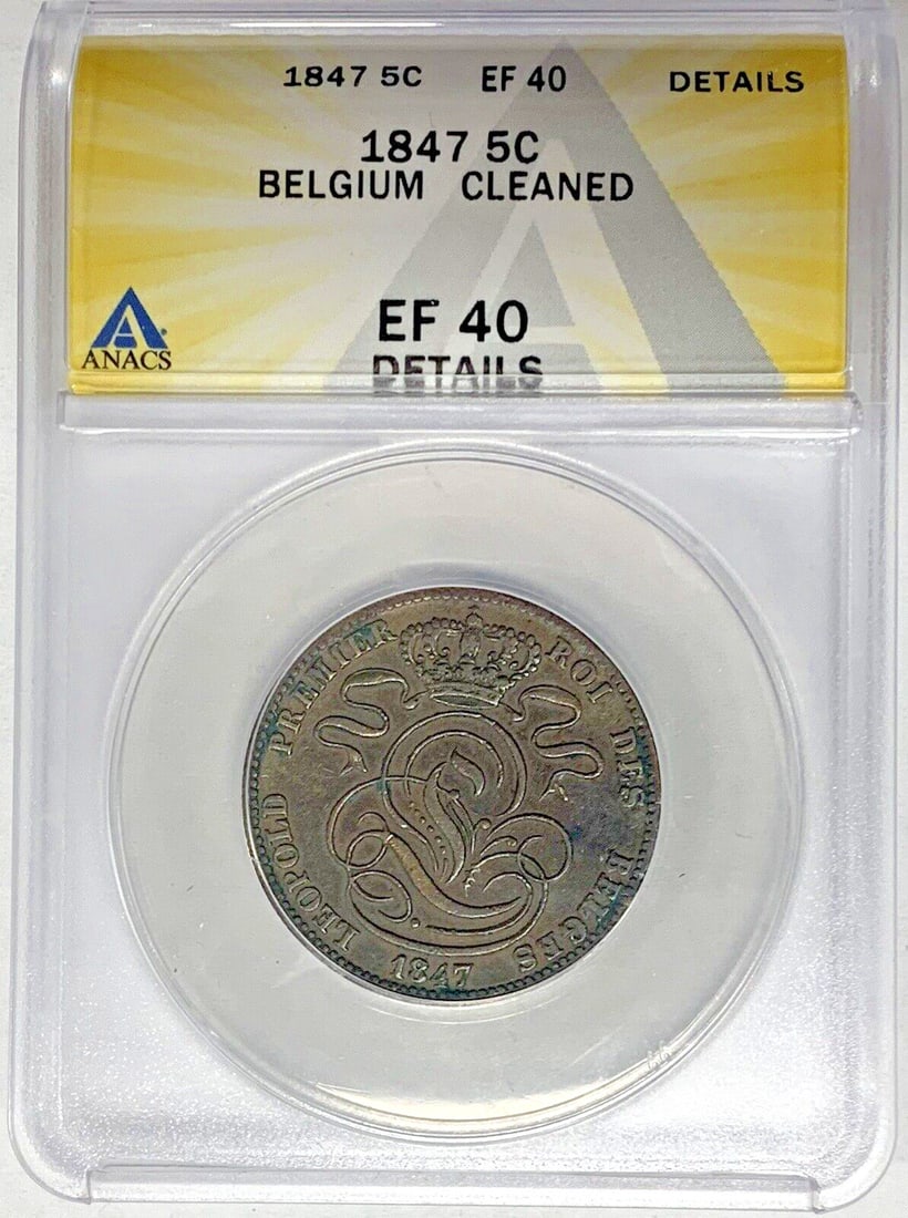 1847 Belgium 5 Cents Coin XF 40 ANACS Certified Copper: 1847 Belgium 5 Cents Coin XF 40 ANACS Certified Copper This 1847 Belgium 5 Cents coin features a denomination of 5 Cent and is composed of copper. It is classified as circulated and has been graded as