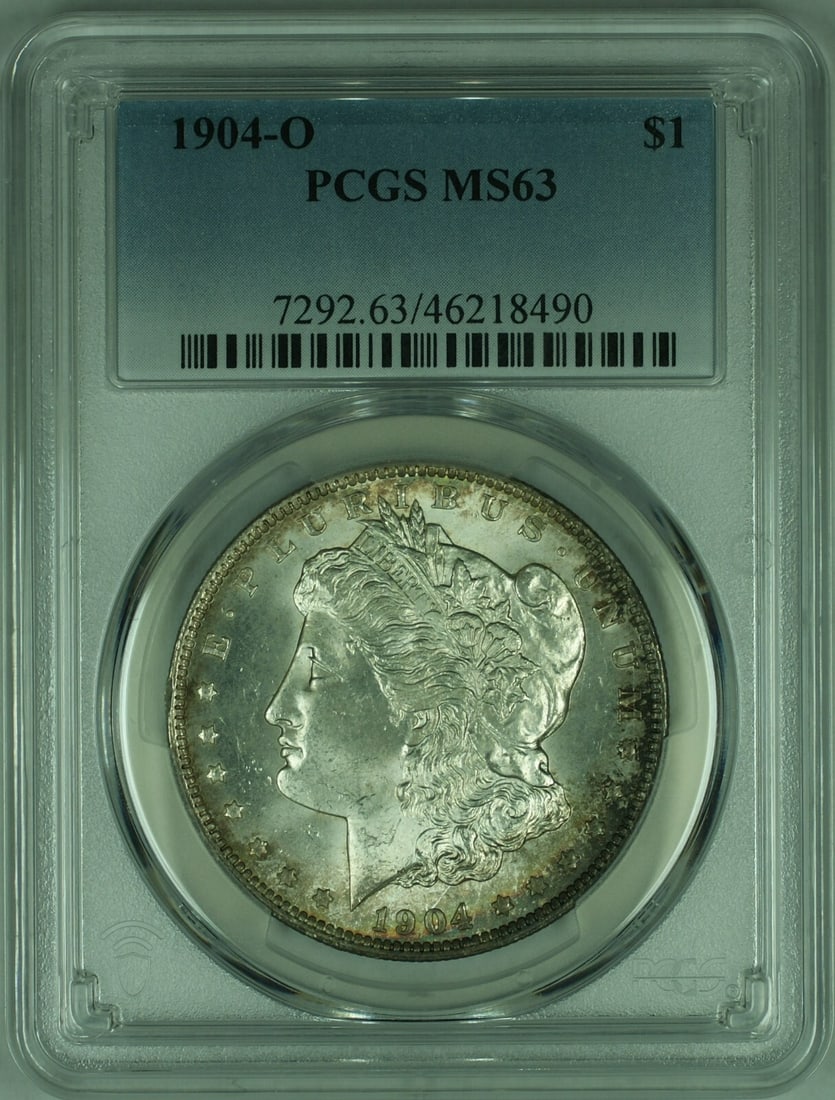 1904-O Morgan Silver Dollar PCGS MS63 Toned Reverse Coin: 1904-O Morgan Silver Dollar PCGS MS63 Toned Reverse Coin This 1904-O Morgan Silver Dollar is a remarkable piece of numismatic history, showcasing the artistry and craftsmanship of its era. Graded MS-6