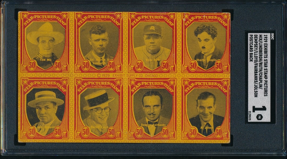 1929 Exhibits Babe Ruth Star Picture Stamps Postcard with Dempsey Chaplin (1 of 2)