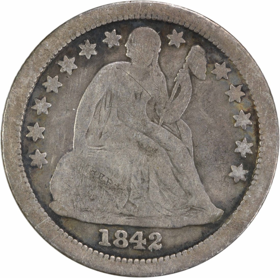1842-O Liberty Seated Silver Dime 10C Uncertified VG: 1842-O Liberty Seated Silver Dime 10C Uncertified VG This 1842-O Liberty Seated Silver Dime is a remarkable piece of American numismatic history. Struck at the New Orleans Mint, this coin features the