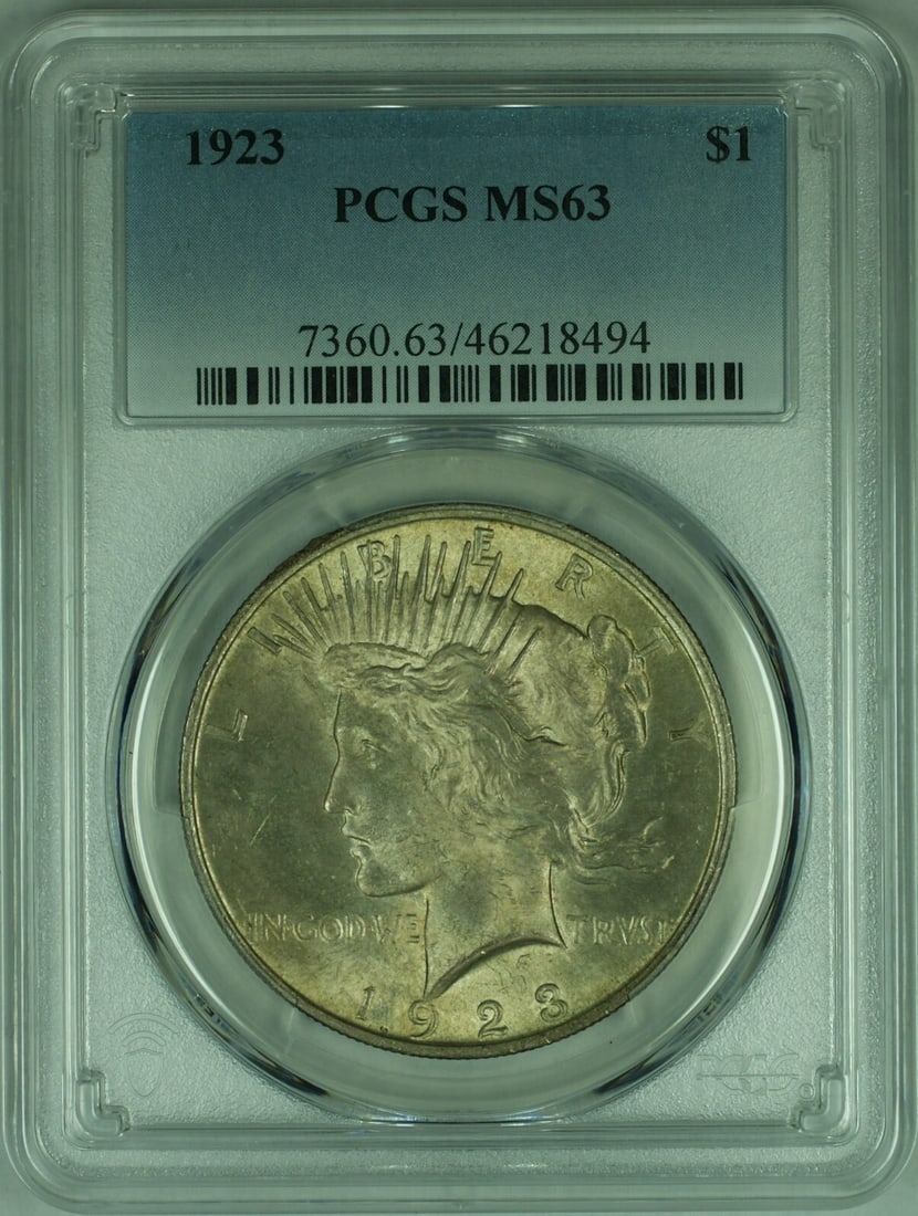 1923 Peace Silver Dollar S$1 PCGS MS63 Uncirculated Coin: 1923 Peace Silver Dollar S$1 PCGS MS63 Uncirculated Coin This 1923 Peace Silver Dollar is a remarkable uncirculated coin, graded MS-63 by PCGS, showcasing its high quality and appeal. Minted in Philad