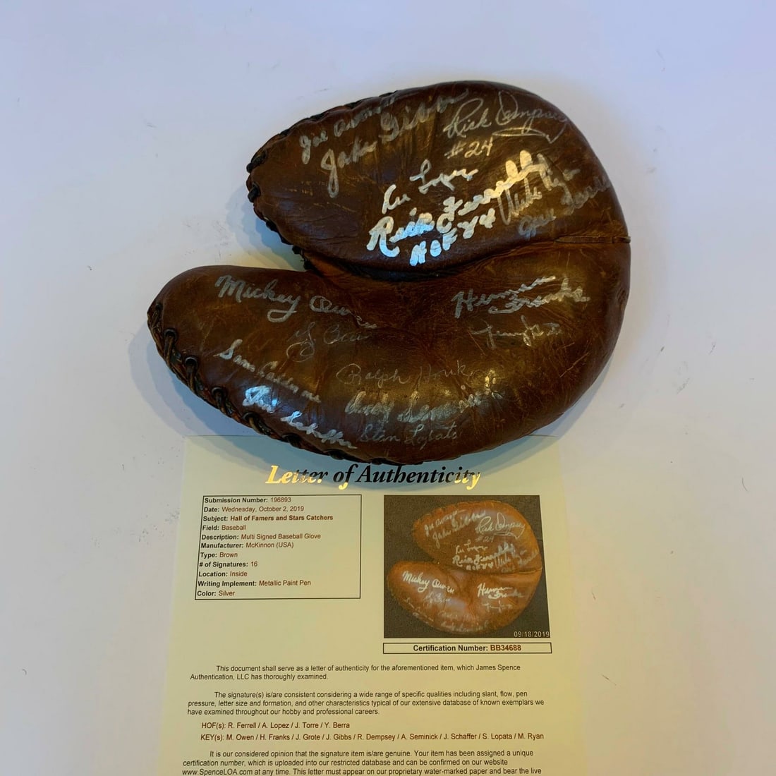 Vintage Multi Signed Baseball Catcher's Mitt 16 Sigs JSA COA Berra Torre Lopez: Vintage Multi Signed Baseball Catcher's Mitt 16 Sigs JSA COA Berra Torre Lopez Celebrate the legacy of baseball catchers with this vintage multi-signed catcher's mitt, featuring 16 signatures from leg