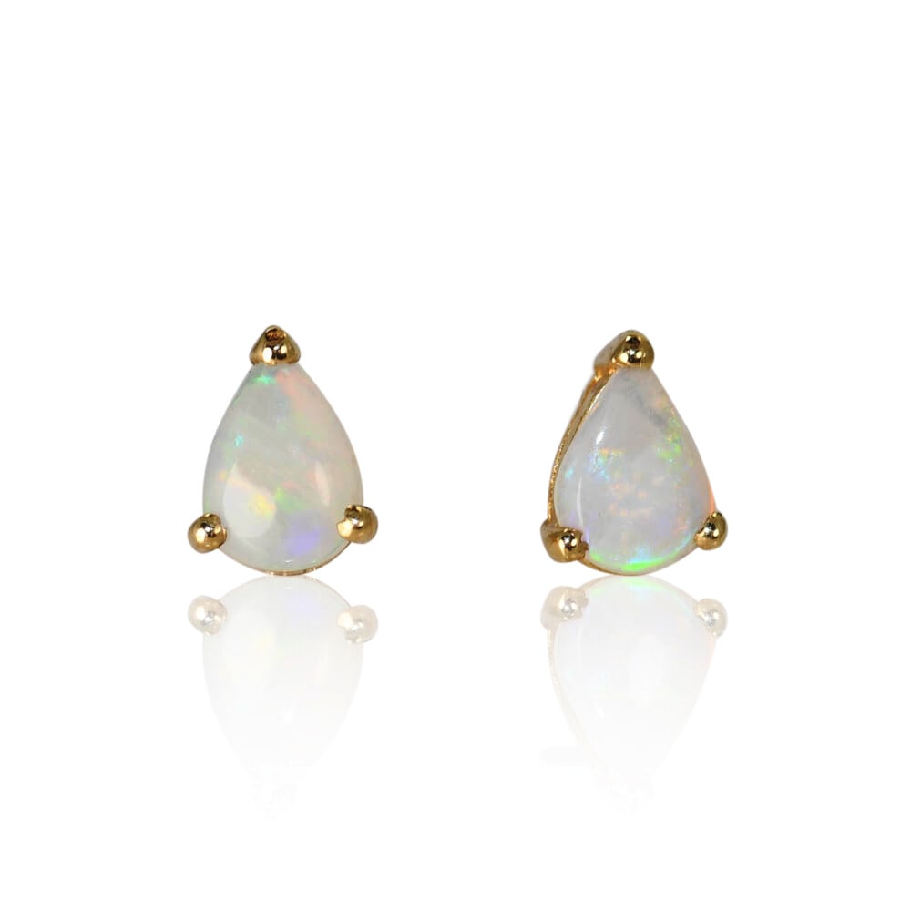 14K Yellow Gold Pear Shaped Australian Opal Earrings with Friction Backs: 14K Yellow Gold Pear Shaped Australian Opal Earrings with Friction Backs These exquisite earrings feature pear-shaped Australian opals set in luxurious 14K yellow gold. Each opal measures 6.80mm by 5.