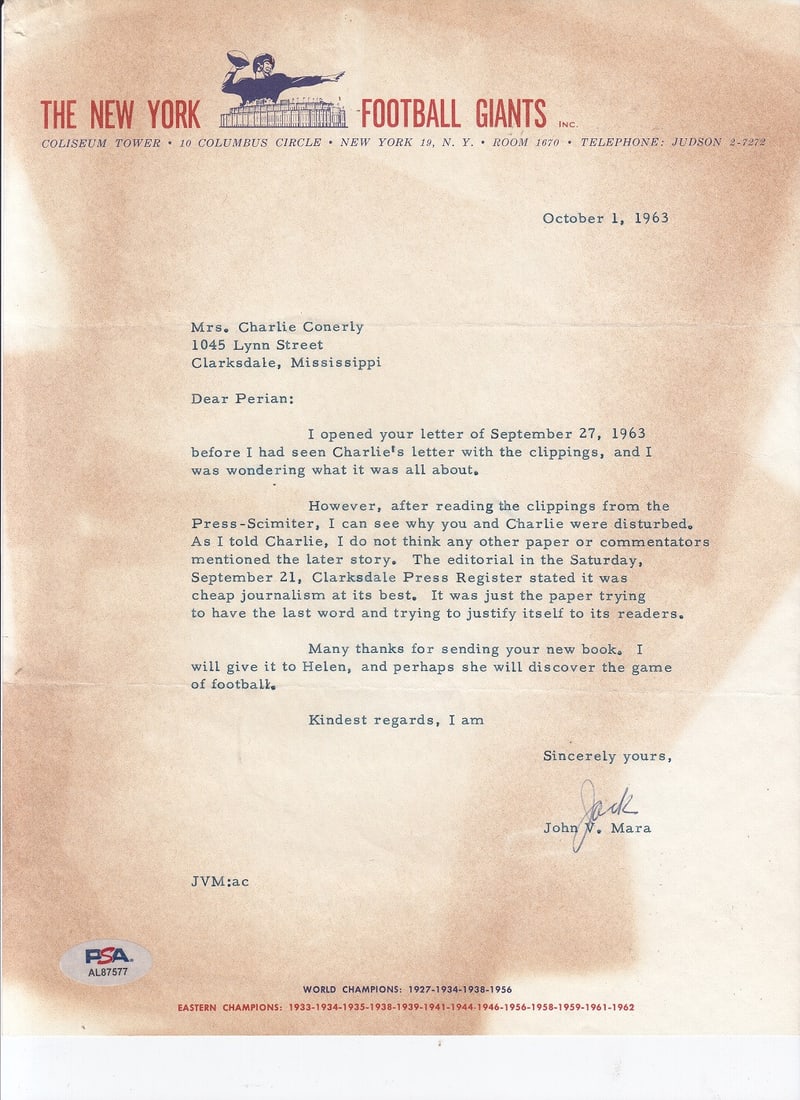 Jack V. Mara Signed Typed Letter New York Giants PSA Authenticated (1 of 2)