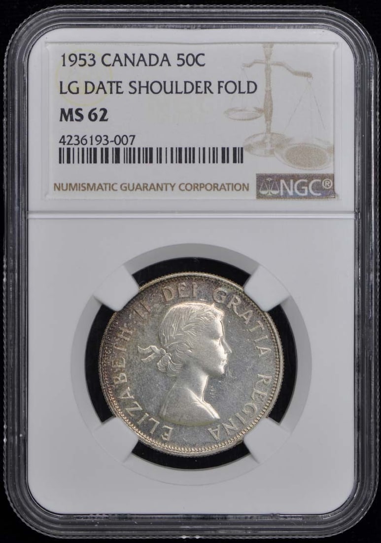 1953 Canada L.G. Date Shoulder Fold 50C NGC MS62 Coin: 1953 Canada L.G. Date Shoulder Fold 50C NGC MS62 Coin This 1953 Canada 50 Cent coin features a shoulder fold design and is certified by NGC with a grade of MS62, indicating it is in uncirculated condi