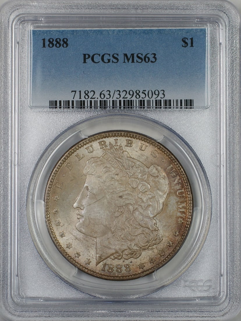 1888 Morgan Silver Dollar PCGS MS63 Toned Uncirculated Coin: 1888 Morgan Silver Dollar PCGS MS63 Toned Uncirculated Coin This 1888 Morgan Silver Dollar is a stunning example of American coinage, certified by PCGS with a grade of MS 63. Struck in Philadelphia, t
