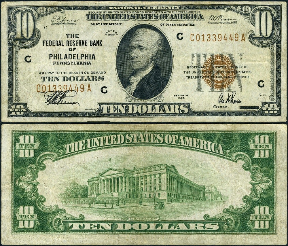 1929 $10 Federal Reserve Note Philadelphia C-A Block VF+ (1 of 3)