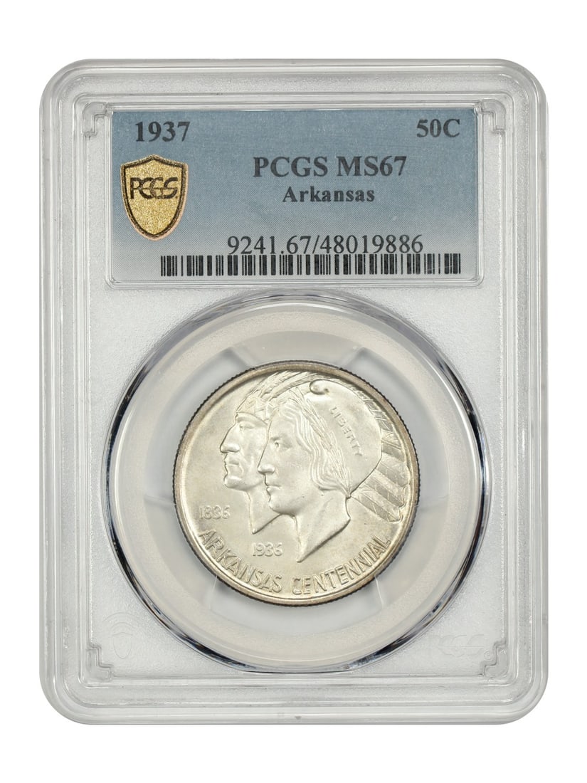 1937 Arkansas 50C PCGS MS67 Silver Commemorative Low Mintage: 1937 Arkansas 50C PCGS MS67 Silver Commemorative Low Mintage This 1937 Arkansas 50C coin is a remarkable example of the Classic Silver Commemorative series, graded MS67 by PCGS, indicating its uncircu