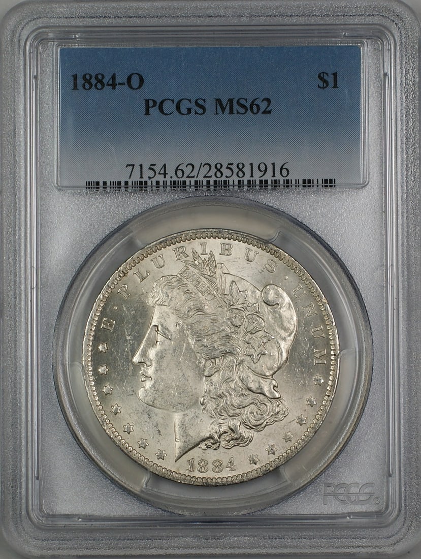 1884-O Morgan Silver Dollar PCGS MS62 Uncirculated Silver Coin: 1884-O Morgan Silver Dollar PCGS MS62 Uncirculated Silver Coin This 1884-O Morgan Silver Dollar is graded MS-62 by PCGS, ensuring its high quality as an uncirculated coin. Minted in New Orleans, this
