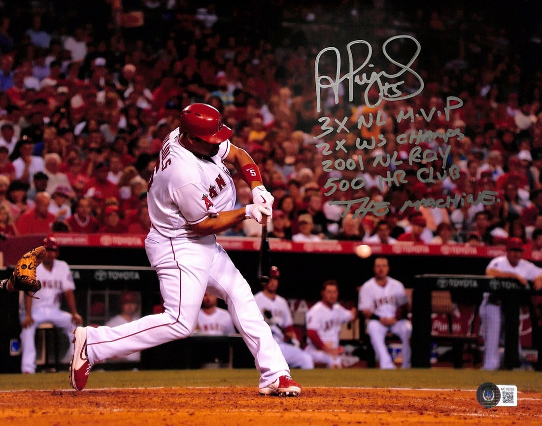Albert Pujols Signed 11x14 Photo with Inscriptions BAS Authenticated: Albert Pujols Signed 11x14 Photo with Inscriptions BAS Authenticated This is an original, autographed 11x14 color photograph of baseball legend Albert Pujols, signed in silver permanent marker. The ph