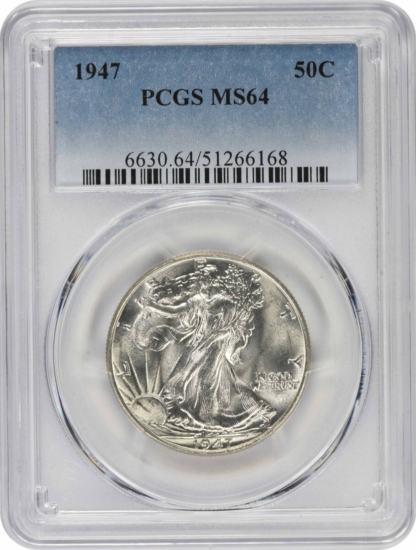 1947 Walking Liberty Silver Half Dollar MS64 PCGS Certified: 1947 Walking Liberty Silver Half Dollar MS64 PCGS Certified This 1947 Walking Liberty Silver Half Dollar is a remarkable addition to any coin collection. Certified by PCGS with a grade of MS64, this c