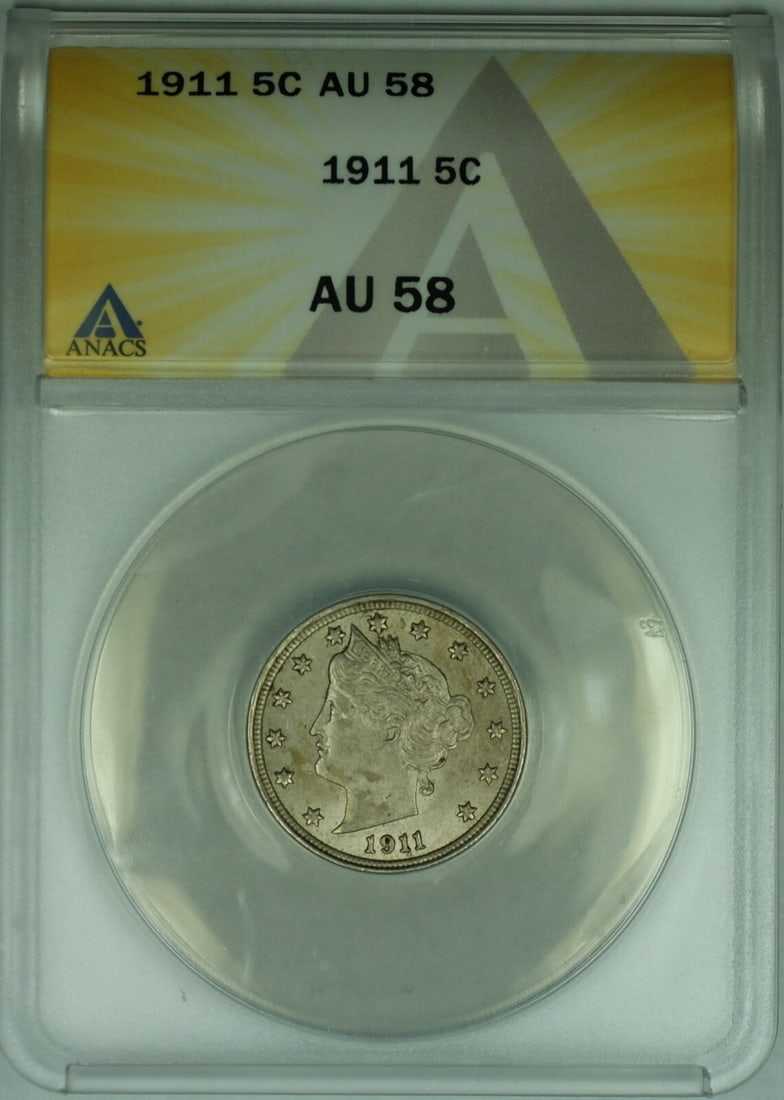 1911 Liberty V Nickel 5C ANACS AU 58 Coin: 1911 Liberty V Nickel 5C ANACS AU 58 Coin This 1911 Liberty V Nickel, with a denomination of 5 cents, is a remarkable piece for collectors. Graded AU 58 by ANACS, it showcases the Liberty design and r