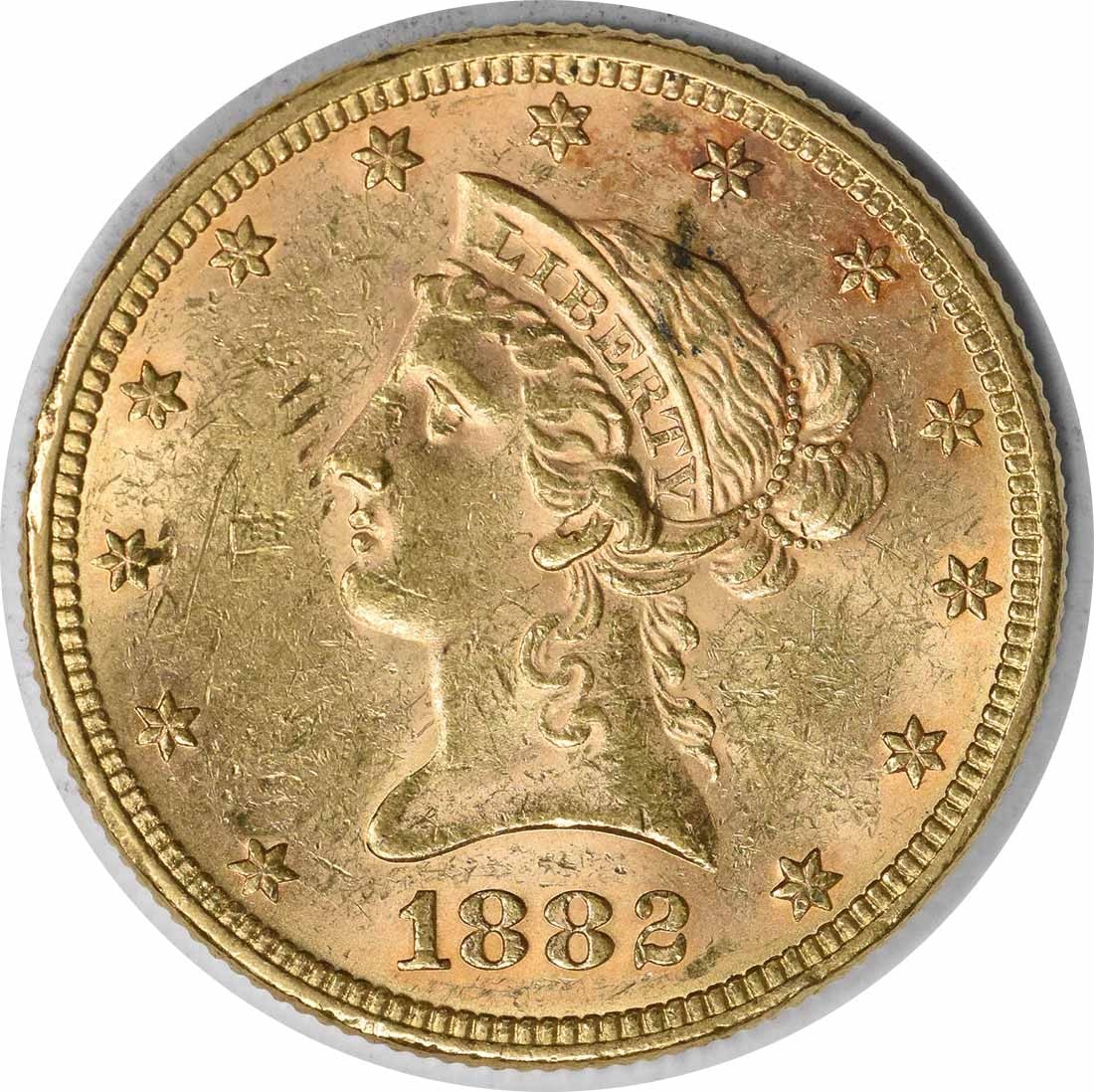 1882 $10 Gold Liberty Head Coin AU Uncertified Christian Gobrecht Design: 1882 $10 Gold Liberty Head Coin AU Uncertified Christian Gobrecht Design This 1882 $10 Gold Liberty Head coin features a stunning design by Christian Gobrecht and is made of 90% gold and 10% copper, e
