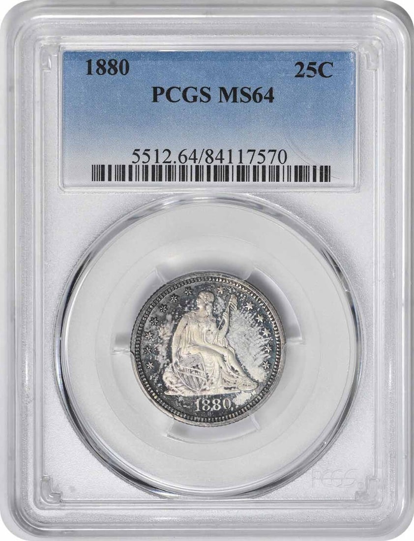 1880 Liberty Seated Silver Quarter MS64 PCGS 90% Silver 13 600 Mintage: 1880 Liberty Seated Silver Quarter MS64 PCGS 90% Silver 13 600 Mintage This 1880 Liberty Seated Silver Quarter is a stunning example of numismatic artistry, featuring the iconic Seated Liberty design