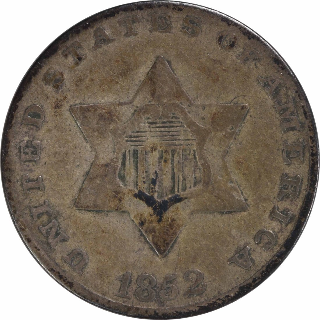 1852 Three Cent Silver Coin F Grade Uncertified US Mint Philadelphia (1 of 2)