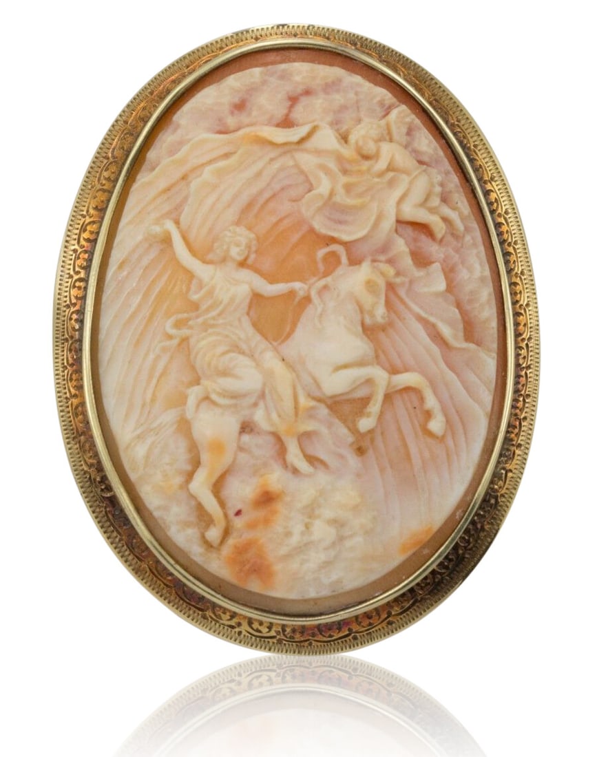 14K Yellow Gold Antique Shell Cameo Brooch 'Heavens Opening' (1 of 3)