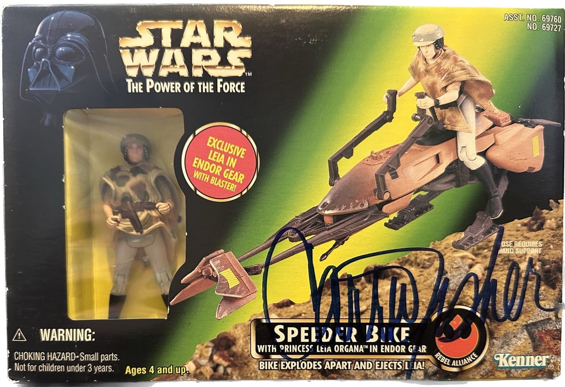 Carrie Fisher Signed 1997 Star Wars Speeder Bike with Leia Endor Figure Beckett LOA (1 of 1)
