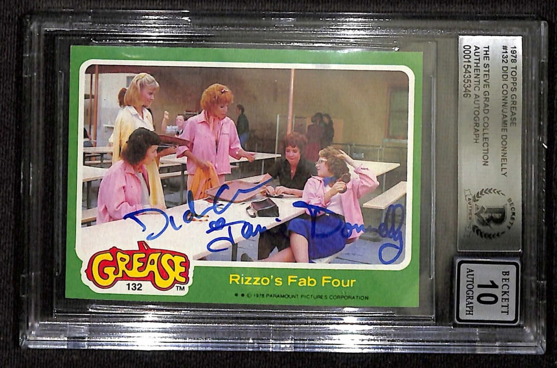 Didi Conn Jamie Donnelly Signed 1978 Topps Grease Card AUTO 10 Beckett: Didi Conn Jamie Donnelly Signed 1978 Topps Grease Card AUTO 10 Beckett This is an autographed 1978 Topps Grease trading card featuring the iconic "Rizzo's Fab Four" scene, signed by Didi Conn and Jami