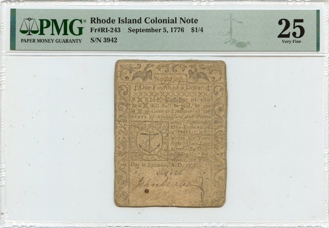 1776 Rhode Island $1/4 Colonial Note PMG VF25 Certified (1 of 2)