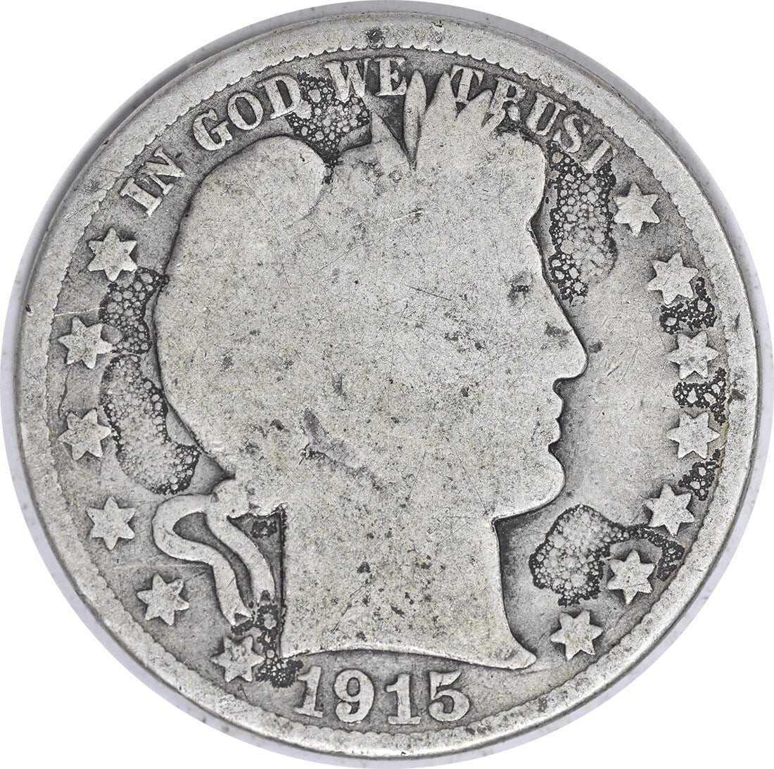 1915 Barber Silver Half Dollar 50C G Grade Uncertified Coin: 1915 Barber Silver Half Dollar 50C G Grade Uncertified Coin This 1915 Barber Silver Half Dollar is a great addition for coin collectors and enthusiasts. It features the classic Barber design by Charle