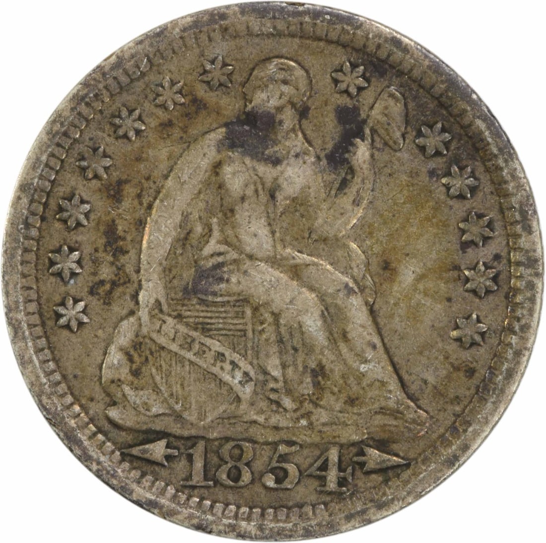 1854 Liberty Seated Half Dime 90% Silver EF Uncertified: 1854 Liberty Seated Half Dime 90% Silver EF Uncertified This 1854 Liberty Seated Silver Half Dime features a classic design by Christian Gobrecht, showcasing the iconic seated liberty motif. Minted in