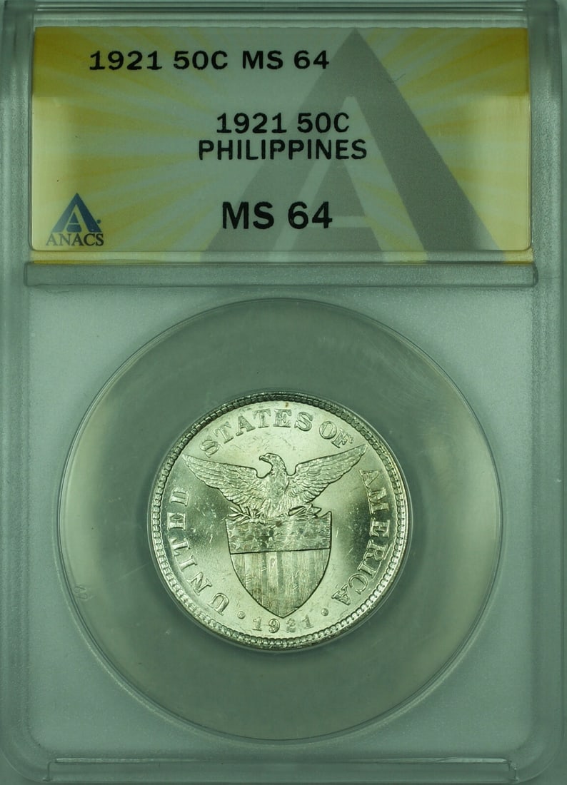 1921 50C Philippines Silver Coin ANACS MS 64 KM 171 (1 of 2)